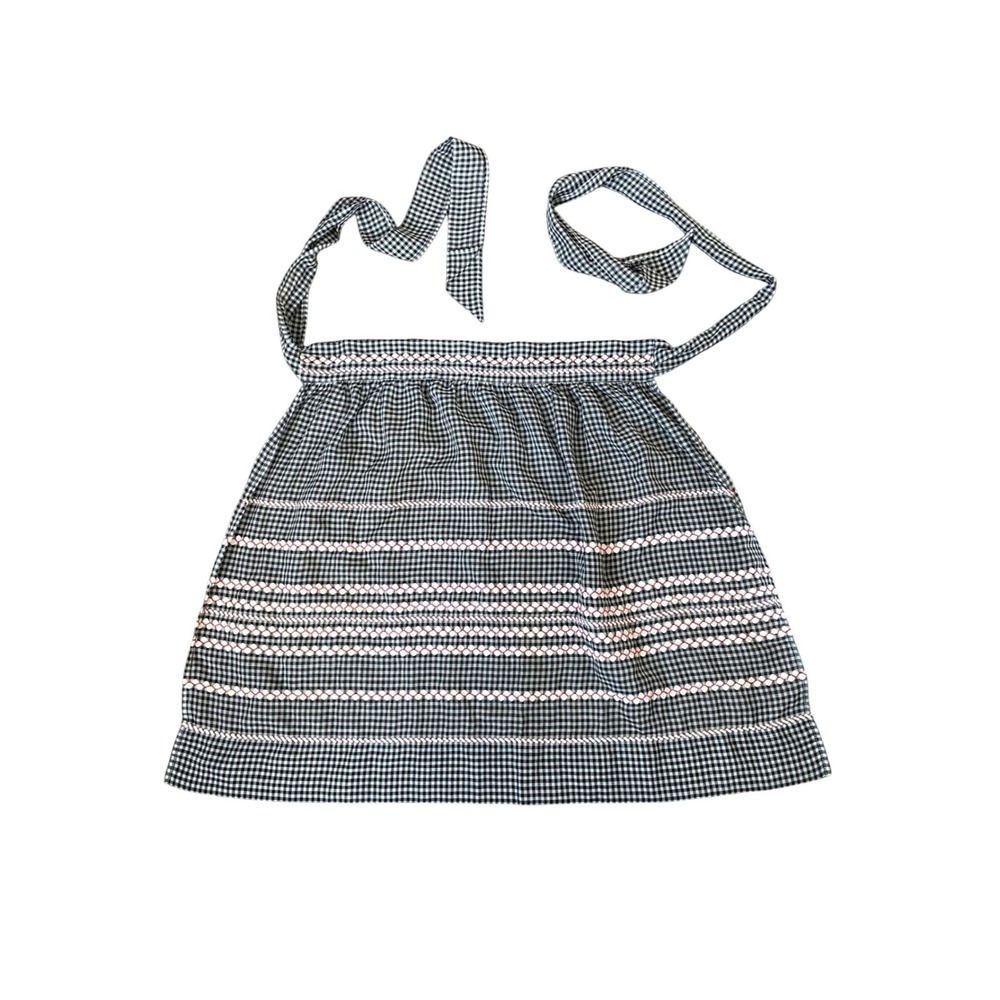 Vintage Handmade Black White Gingham Smocked Half Apron Red Trim Retro 50s Style